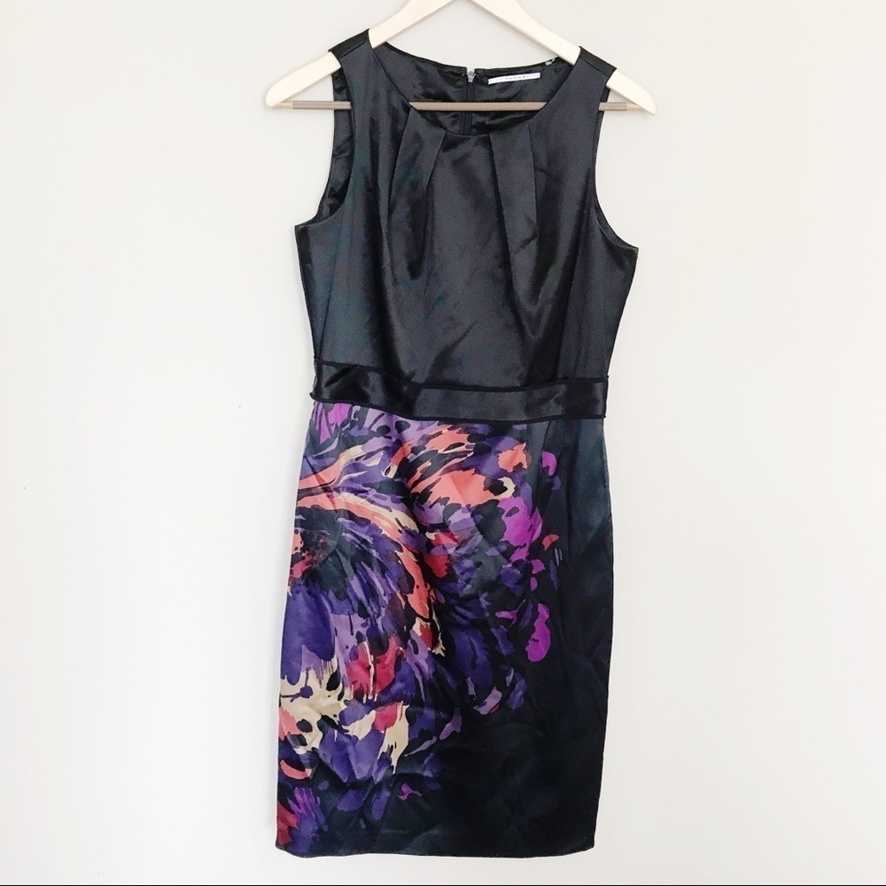 T Tahari Purple Red Black Floral Sheath Shift Bodycon Satiny Dress 10 - Picture 3 of 9